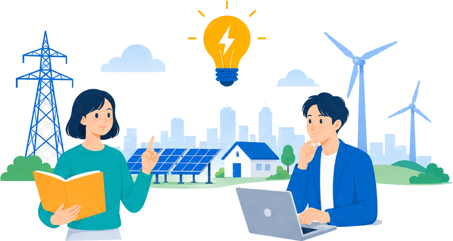 電力について学ぶ2人と、送電鉄塔・風車・太陽光パネルのある風景のイラスト